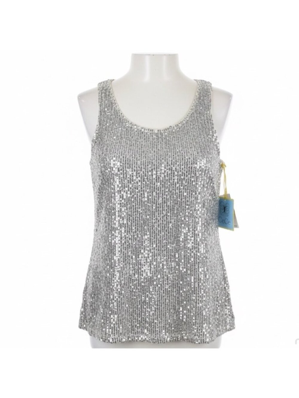 Cece Womens Silver Sequin Top Sleeveless Crew Neck Size M